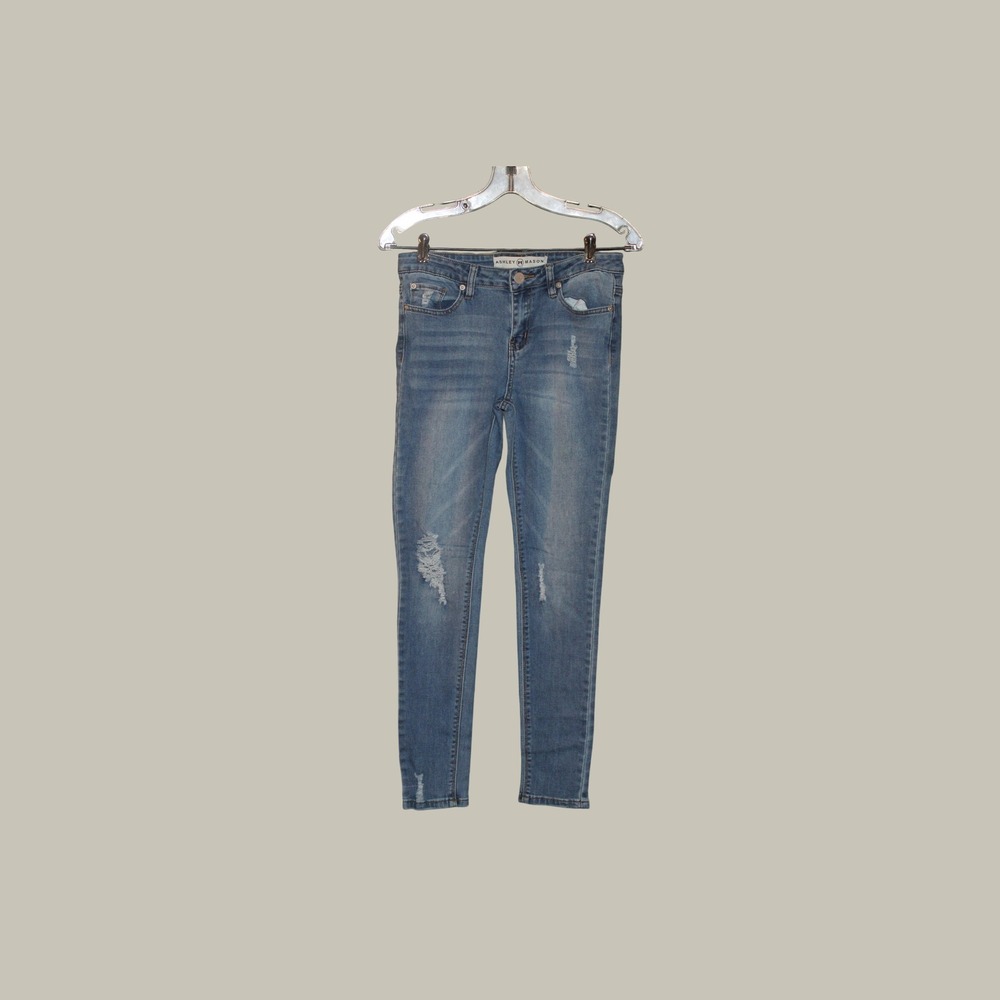 Ashley Mason Womens Distressed Skinny Jeans Medium Wash Denim Ripped Size 7